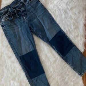 Lucky Brand Alliance Blue Patchwork Knee Belted Sienna Slim Boyfriend Jeans Sz 4